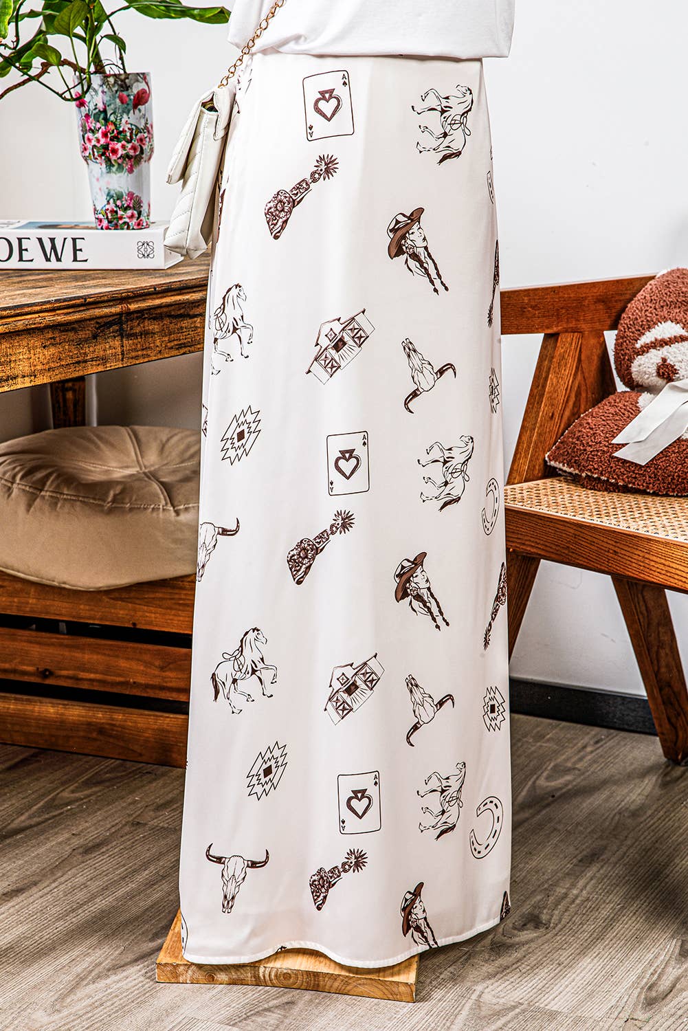 Fashion-W Western Print Satin Long Skirt