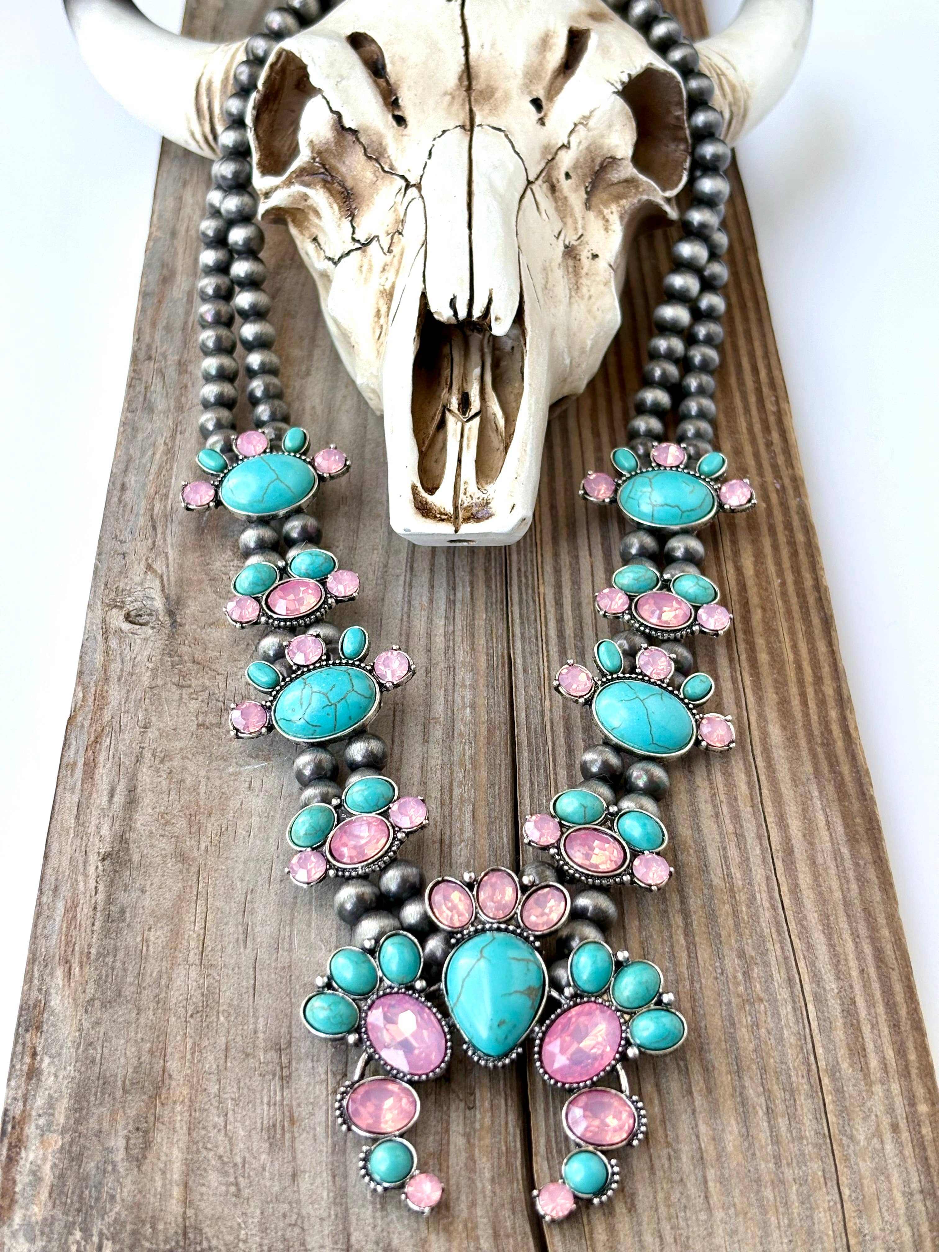 Western Squash Blossom Stone Pendant Navajo Pearl Necklace