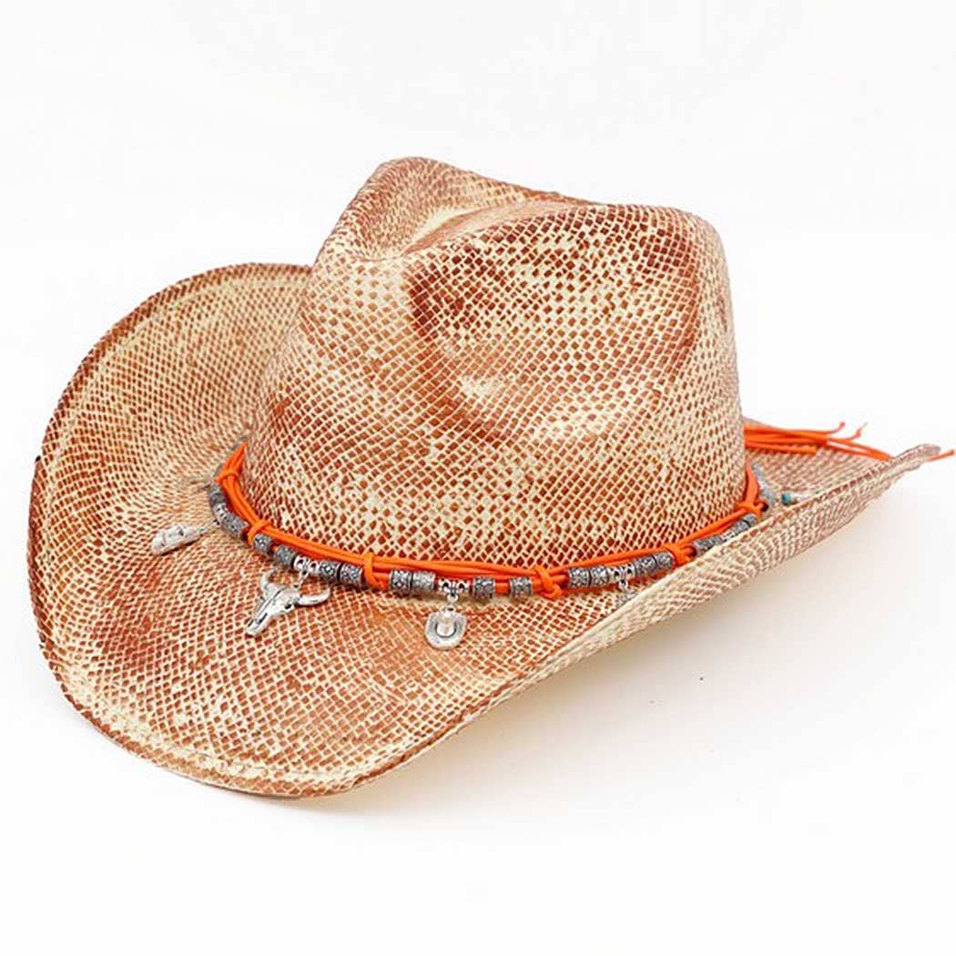 Handmade vintage cowboy hat in a textured tan pattern, adorned with silver Western-themed charms and an orange band.