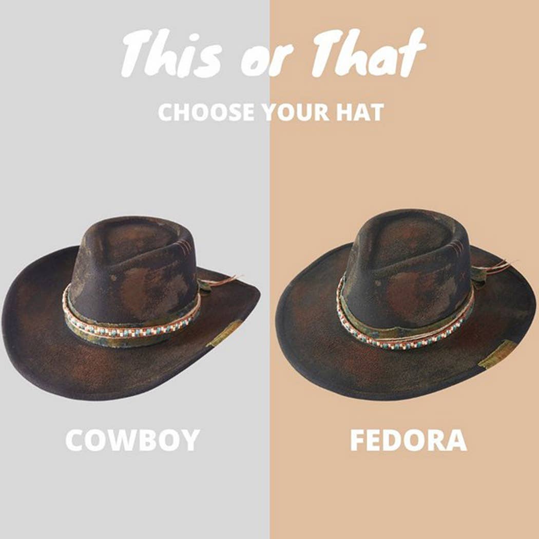Vintage versatile shapeable cowgirl and fedora hat with distressed fabric band and decorative bow detailing