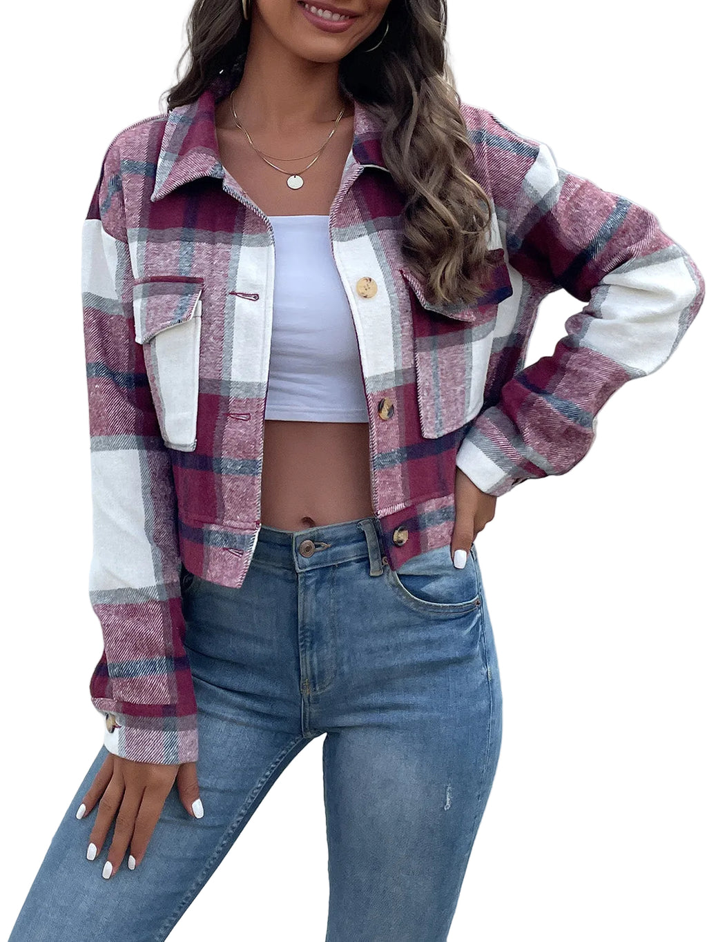 Women Perfee Plaid Button Up Drop Shoulder Cropped Jacket