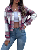 Women Perfee Plaid Button Up Drop Shoulder Cropped Jacket