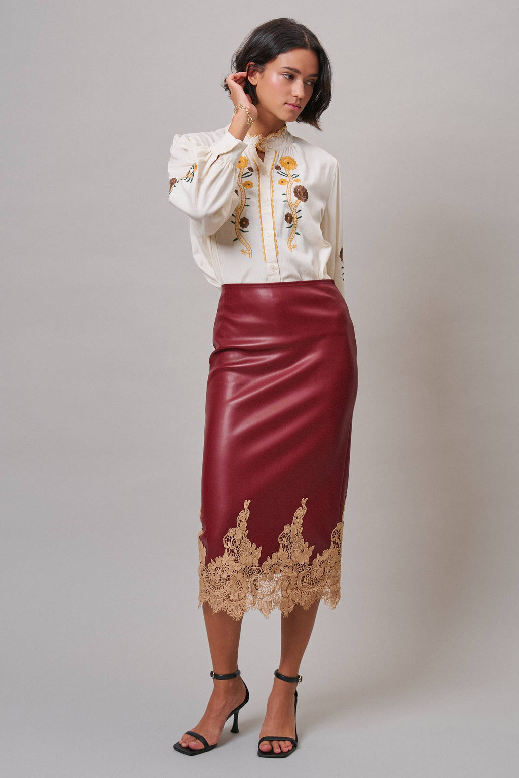 Boho Faux Leather Midi Skirt with Lace Hem (Preorder)