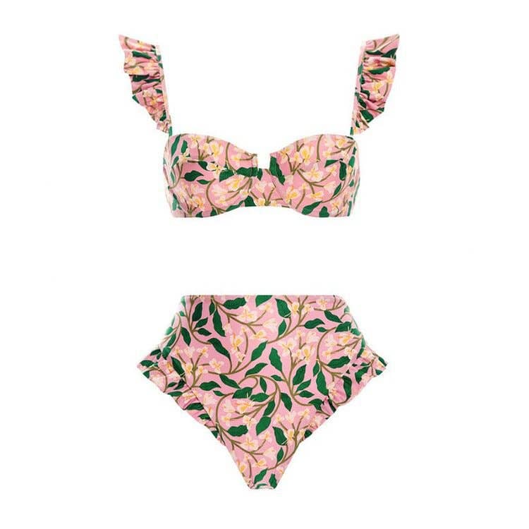 Little pink floral strappy one piece swimsuit