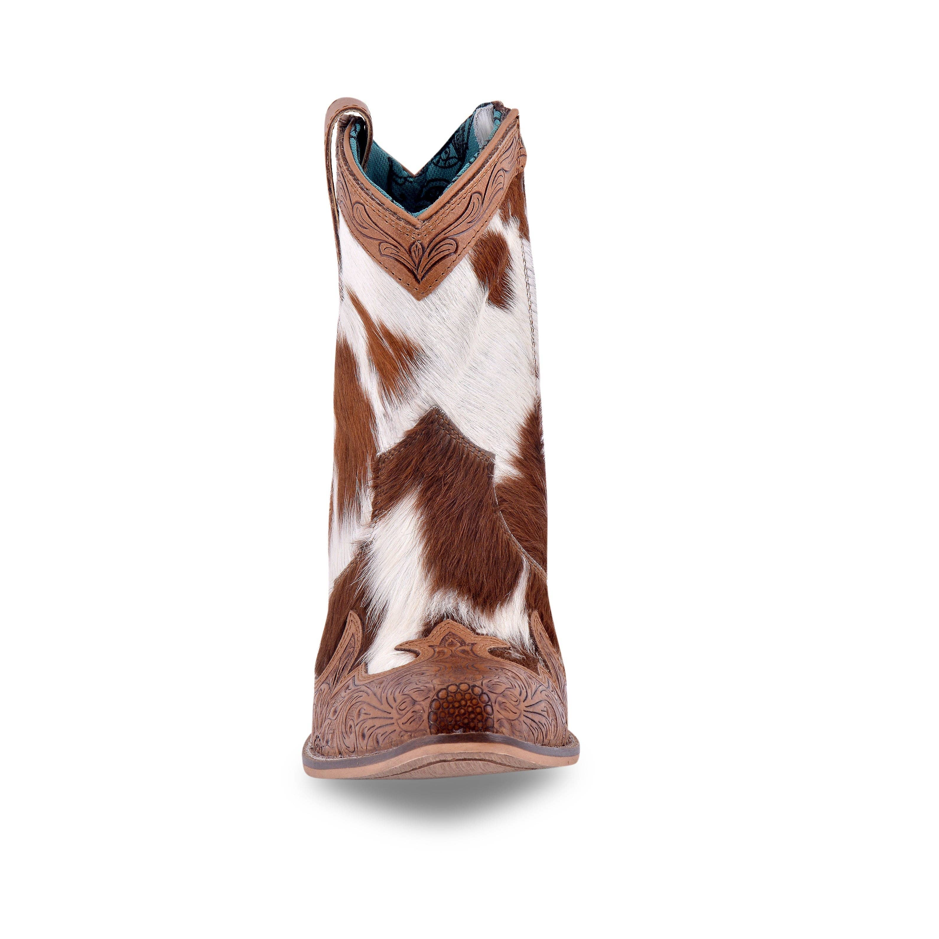 Georgia Trail hair-on hide and hand-tooled leather boots feature a mix of brown and white patterns with decorative shaft detail.