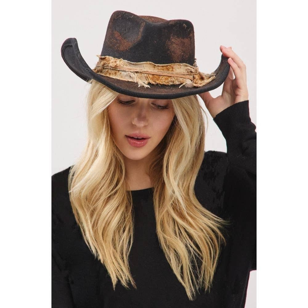 Distressed Cowgirl Fedora Hat with Feather & Fabric Band