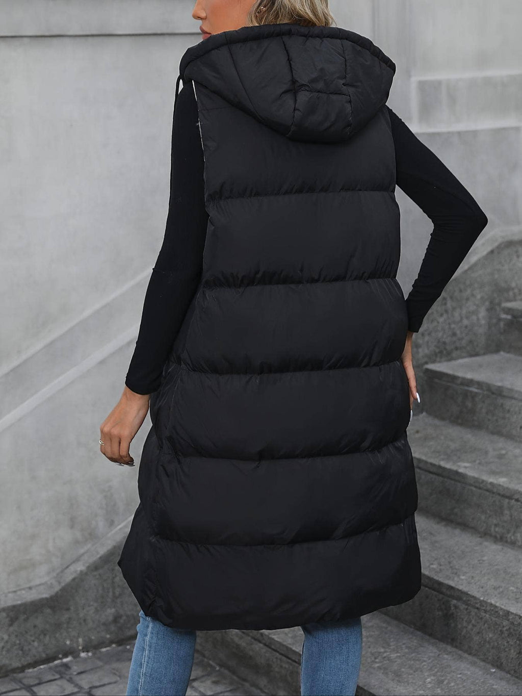 Zipper Sleeveless Hooded Long Padded Vest Jacket