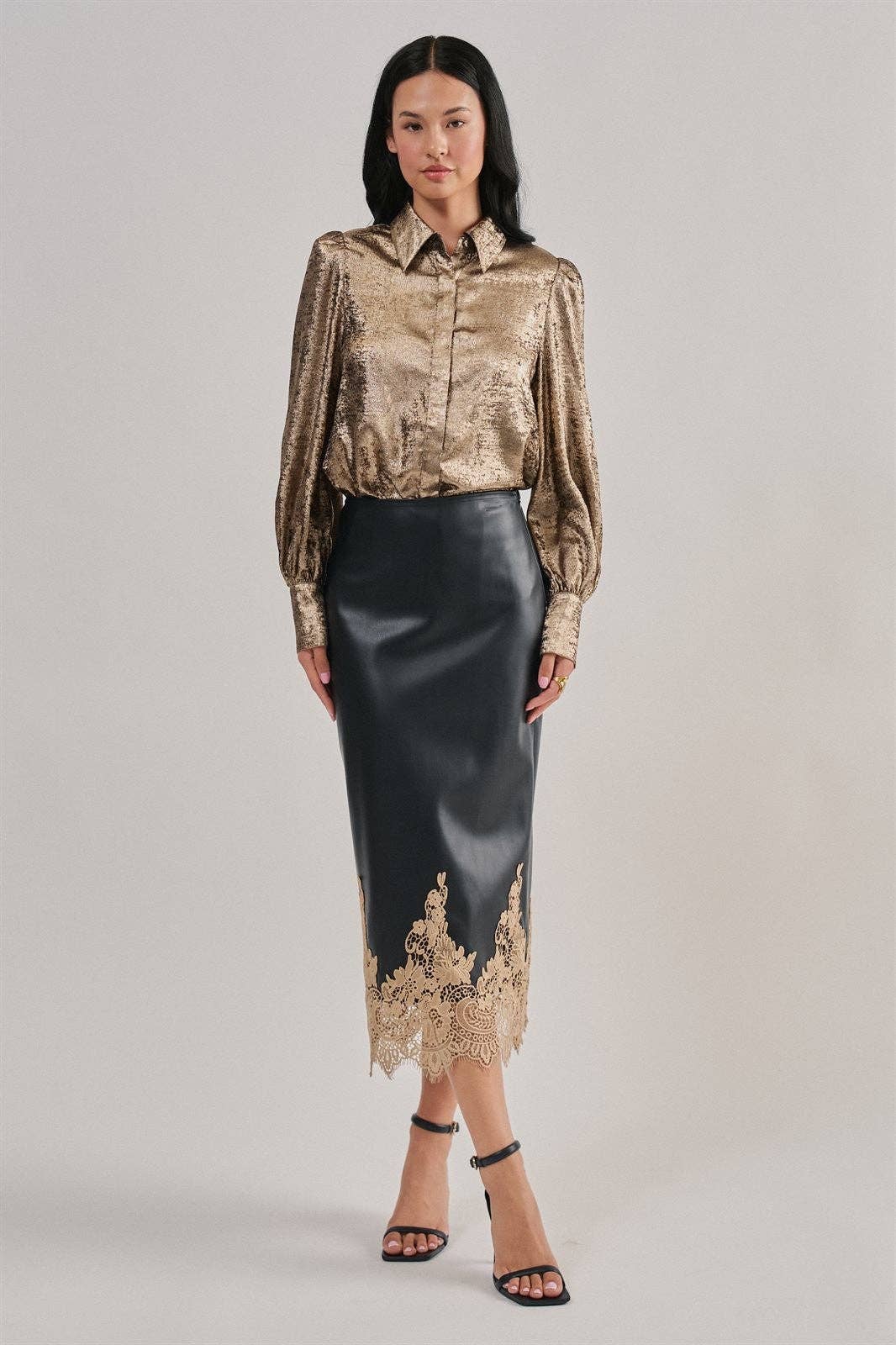 Boho Faux Leather Midi Skirt with Lace Hem (Preorder)