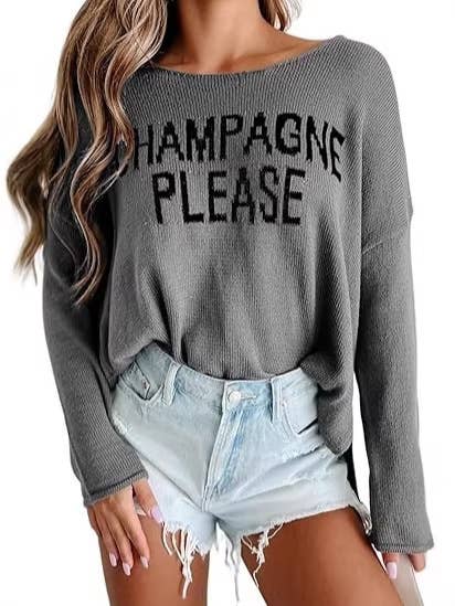 Champagne Please Graphic Side Slit Pullover Knit Top