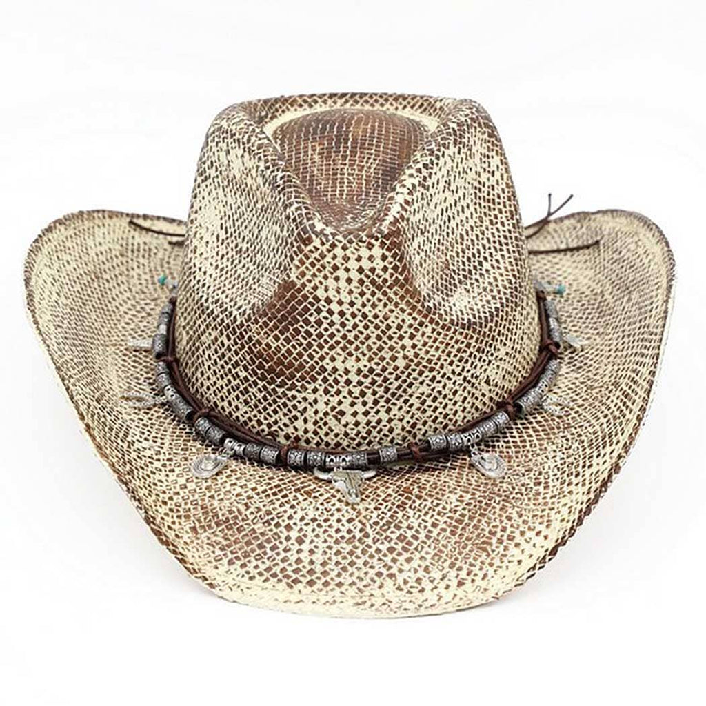Handmade vintage cowboy hat featuring a textured woven design, curved brim, and a charm band with western motifs.