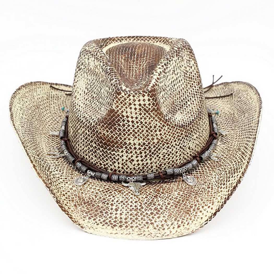 Handmade vintage cowboy hat featuring a textured woven design, curved brim, and a charm band with western motifs.