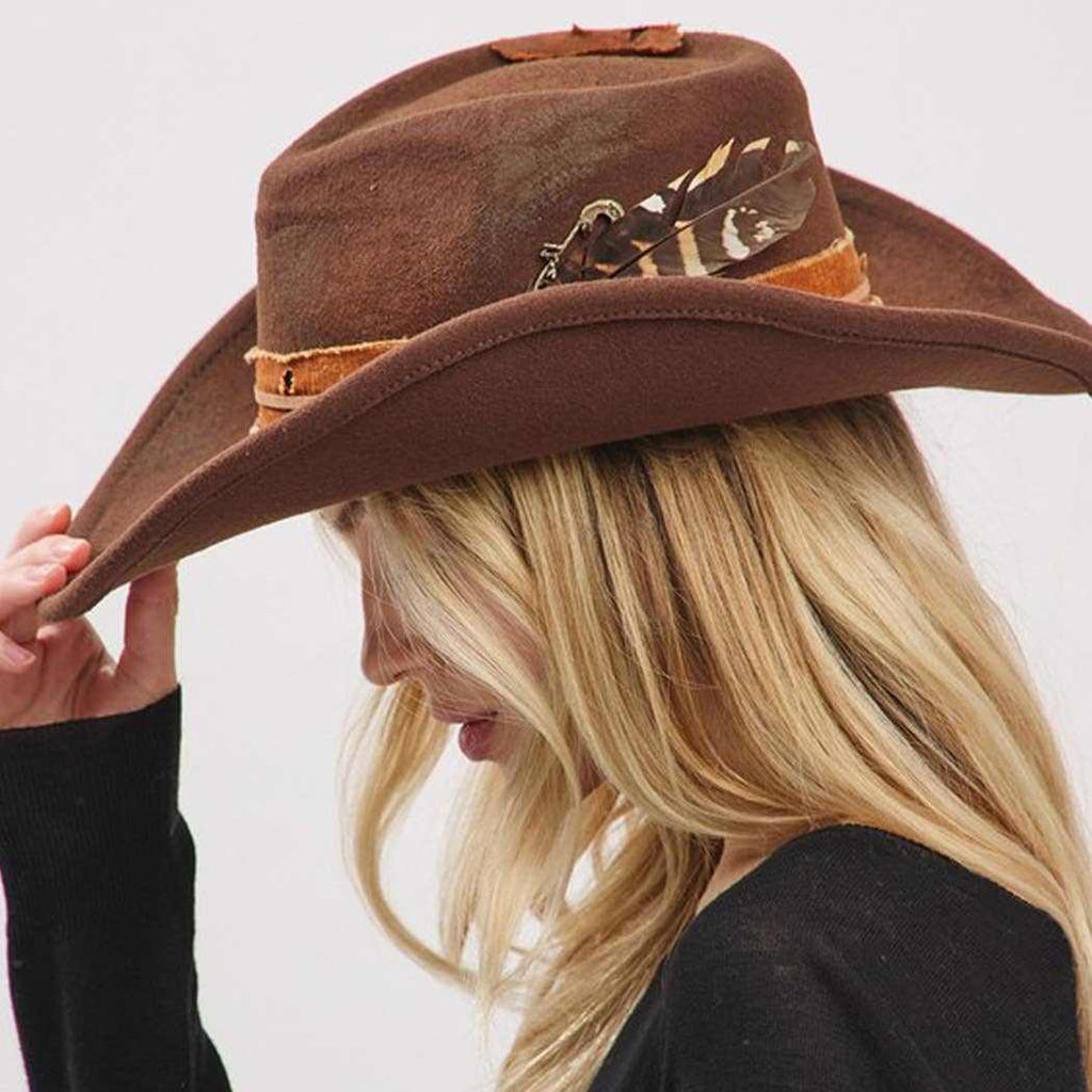 Vintage versatile shapeable cowgirl and fedora hat with feather and distressed fabric band