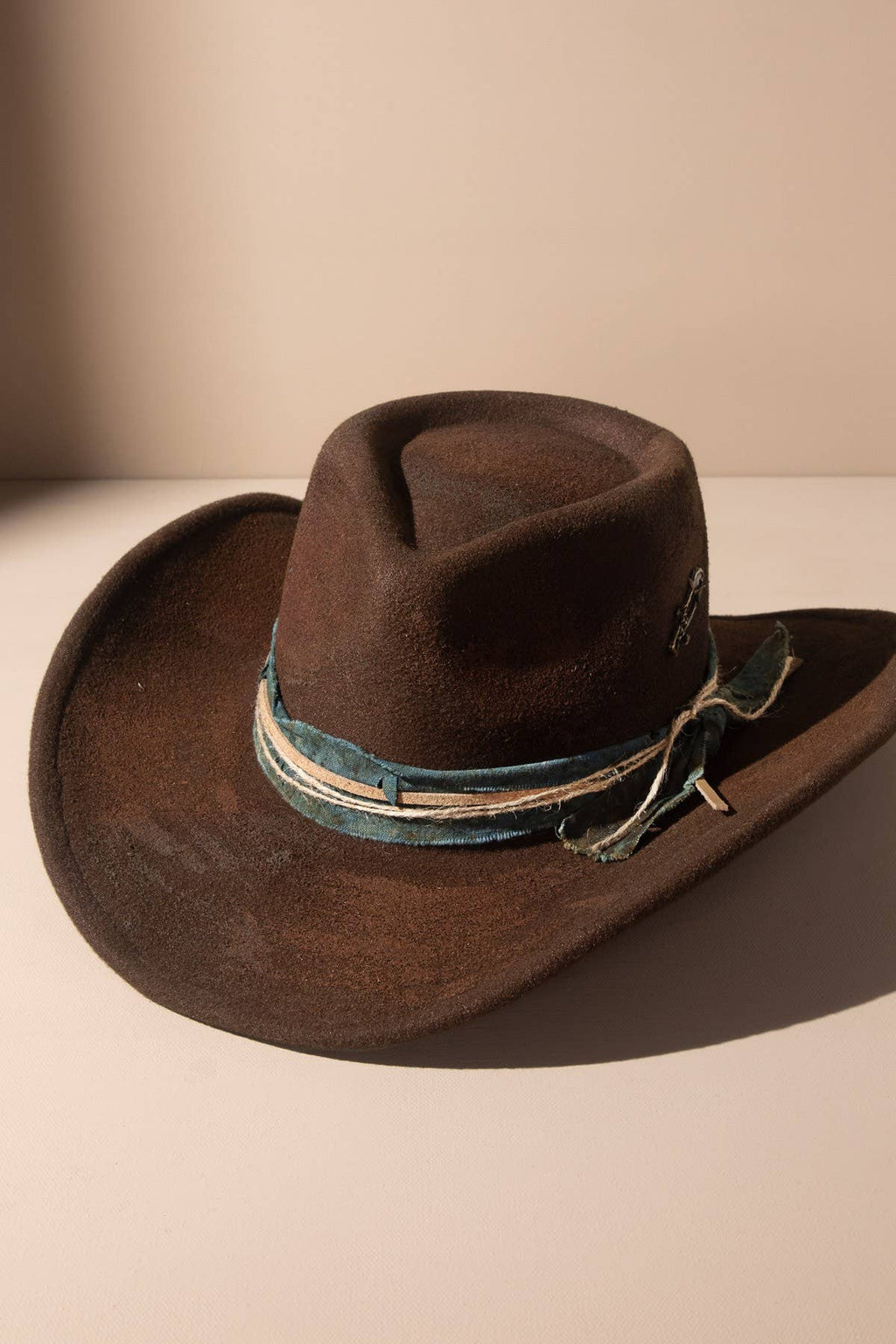 Vintage Versatile Shapeable Cowgirl & Fedora Hat with Teal Band and Faux Leather Accent - Polyester, One Size, Brown