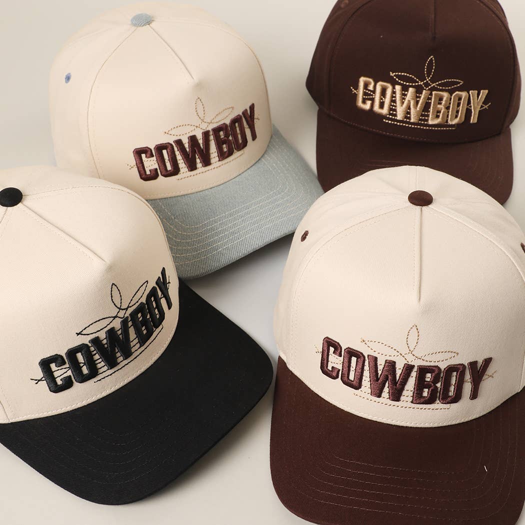 Three COWBOY 3D Embroidered Two-Tone Trucker Hats in beige, black, and brown, showcasing bold "COWBOY" lettering and contrasting visors.