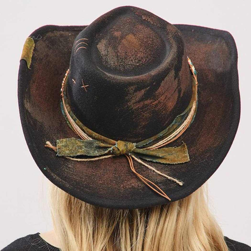Vintage versatile shapeable cowgirl and fedora hat with distressed fabric band and bow detail