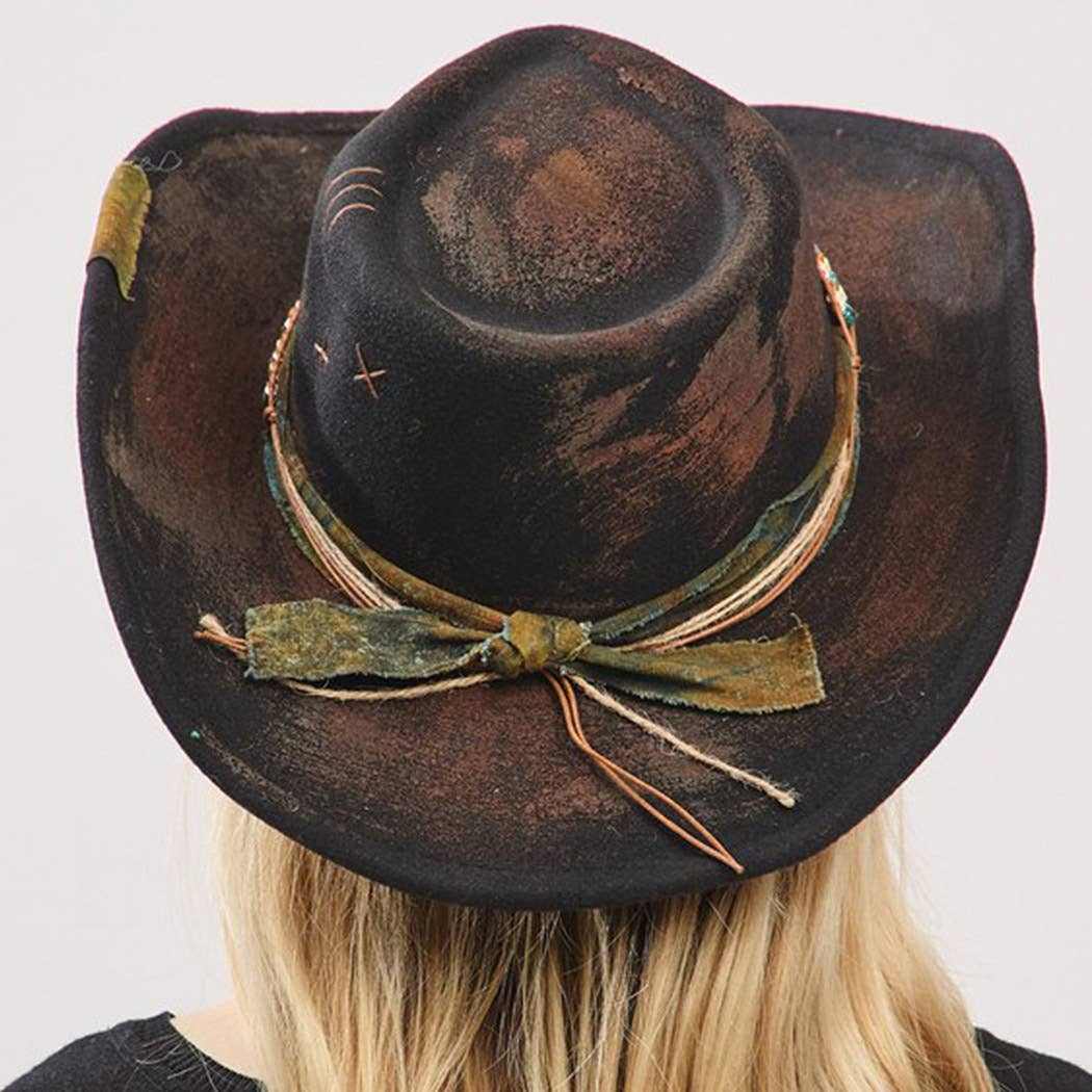 Vintage versatile shapeable cowgirl and fedora hat with distressed fabric band and bow detail