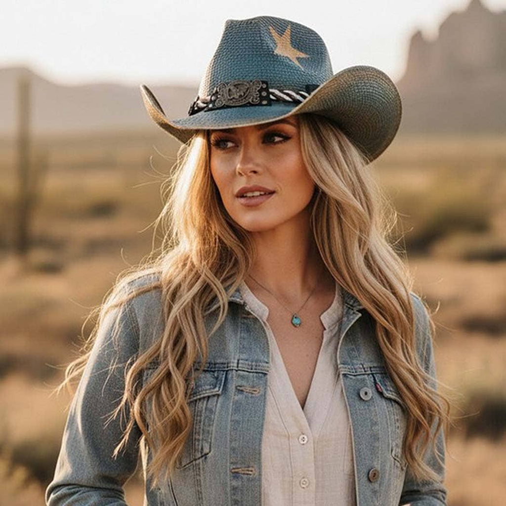 Distressed Cowboy Hat With Brass-Cplored Eagle Buckle, Braid