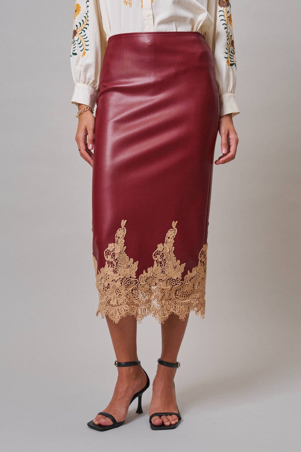 Boho Faux Leather Midi Skirt with Lace Hem (Preorder)