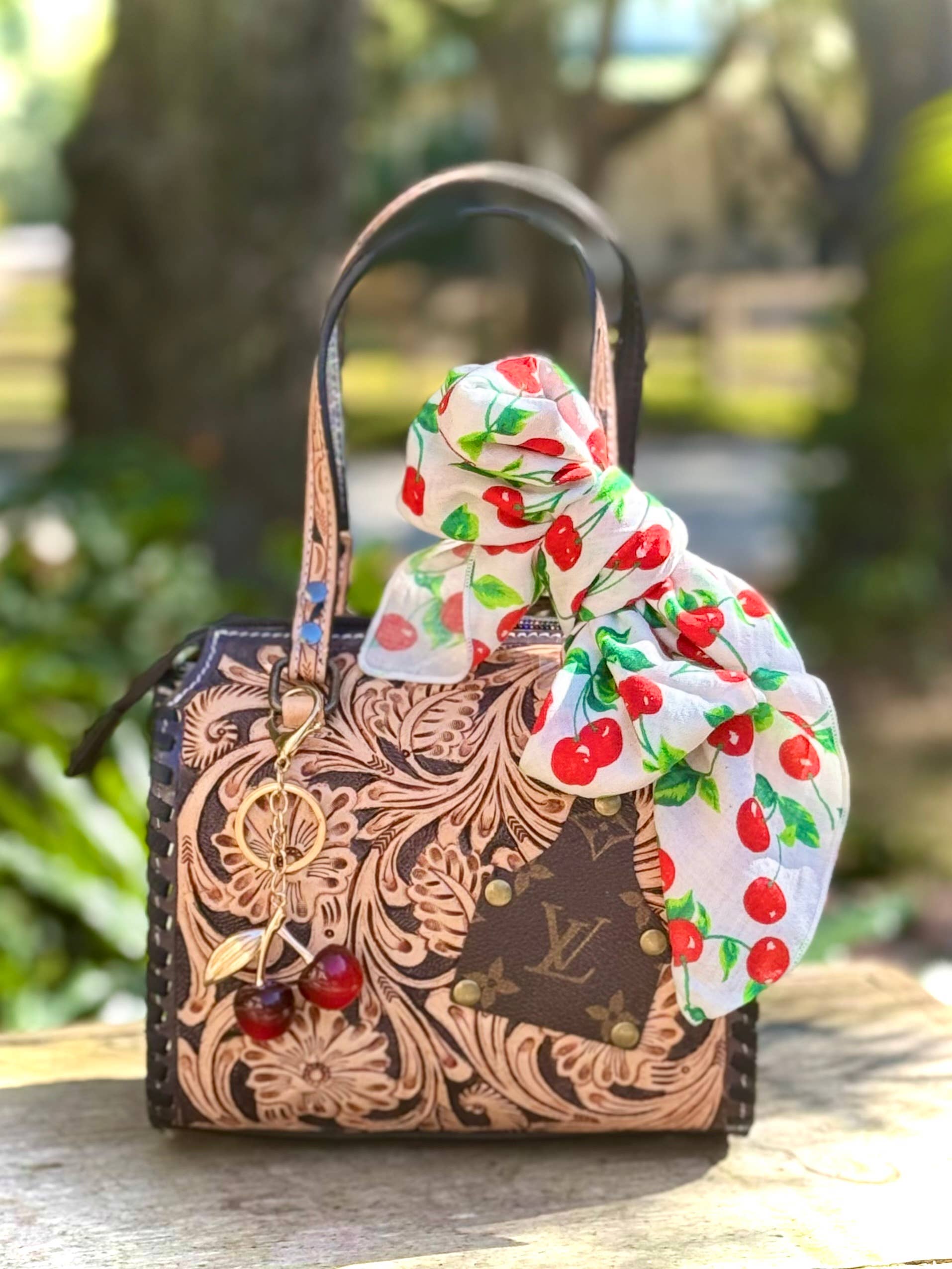 Upcycled Louis Vuitton Speedy Handbag | Hand-Tooled Western Cherry Leather