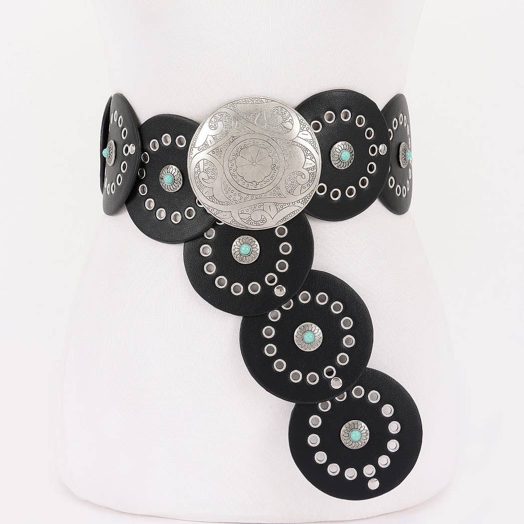 Black faux leather disc belt with silver metal and turquoise stone embellishments in bohemian style