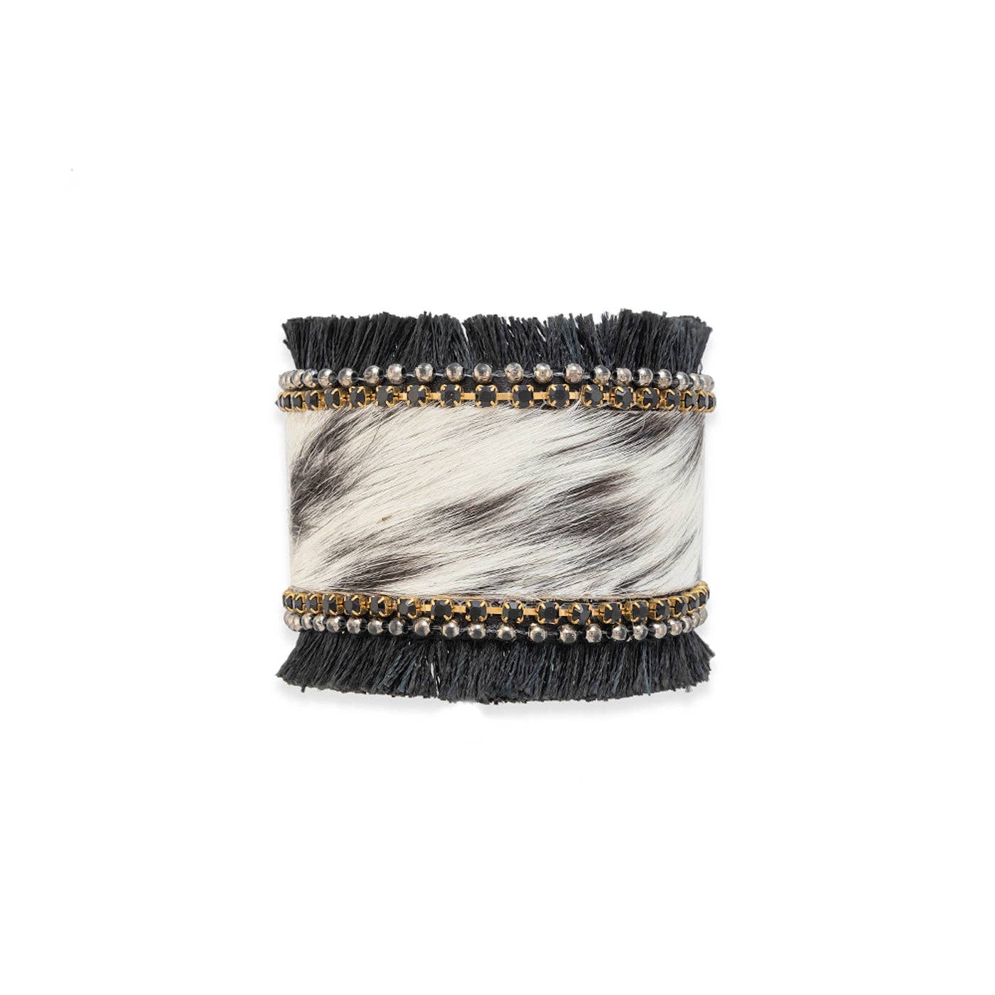 Hair-on hide cuff bracelet with onyx black stones, silver beads, and coal black fringe, featuring a bold, western style.