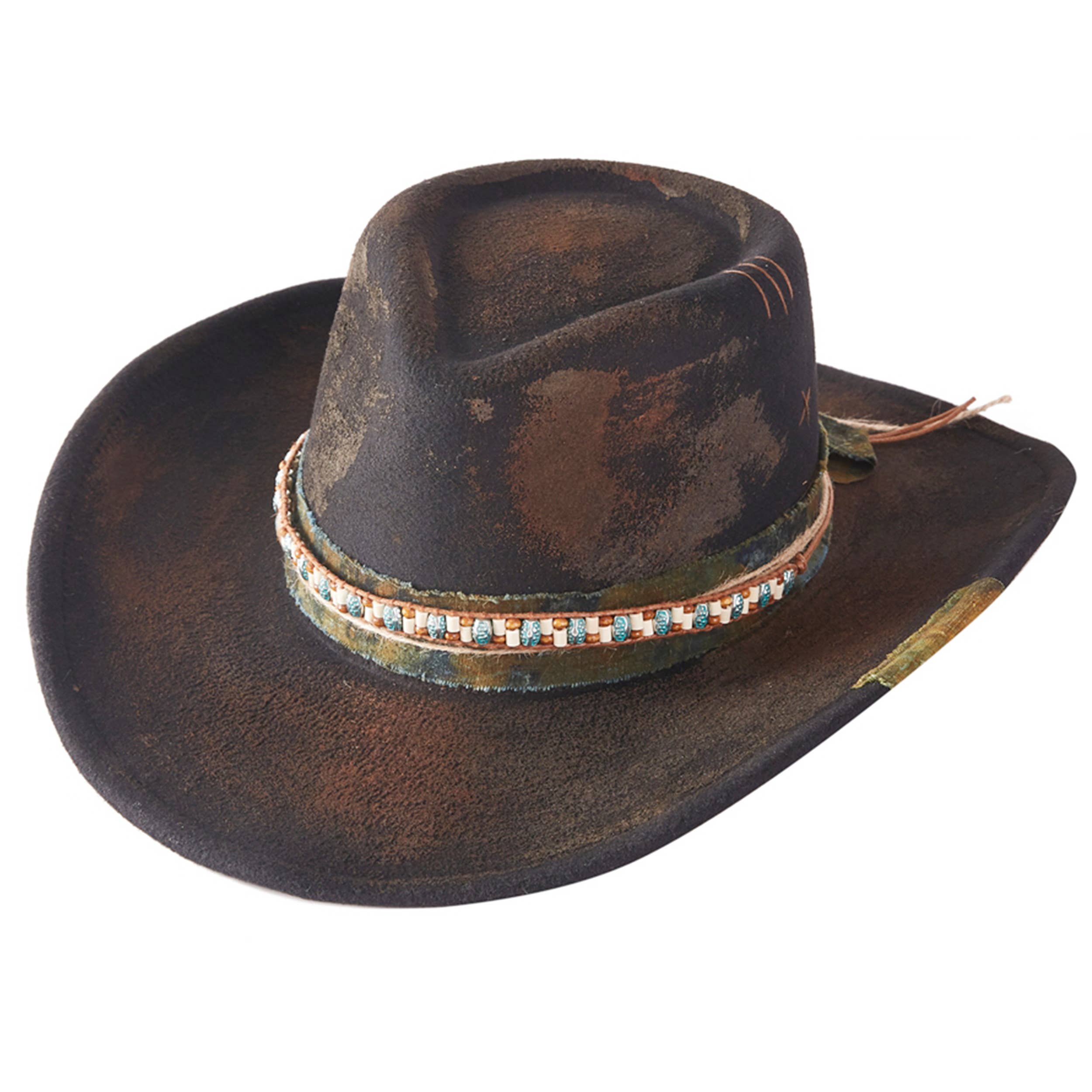 Distressed fabric band rustic shapeable cowgirl fedora hat in dark tones with turquoise and bead accents.