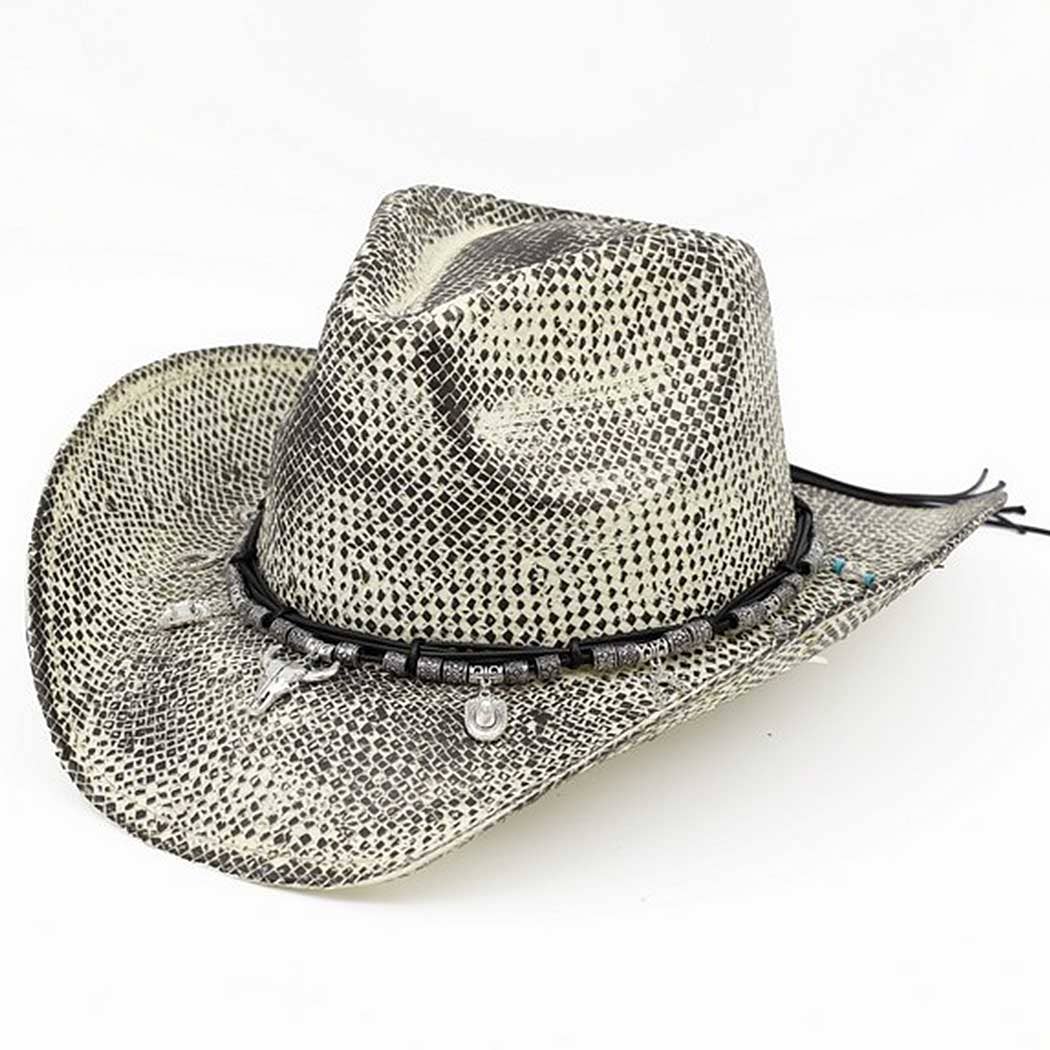 Handmade vintage cowboy hat featuring a textured woven design in black and cream, adorned with Western-themed charms.