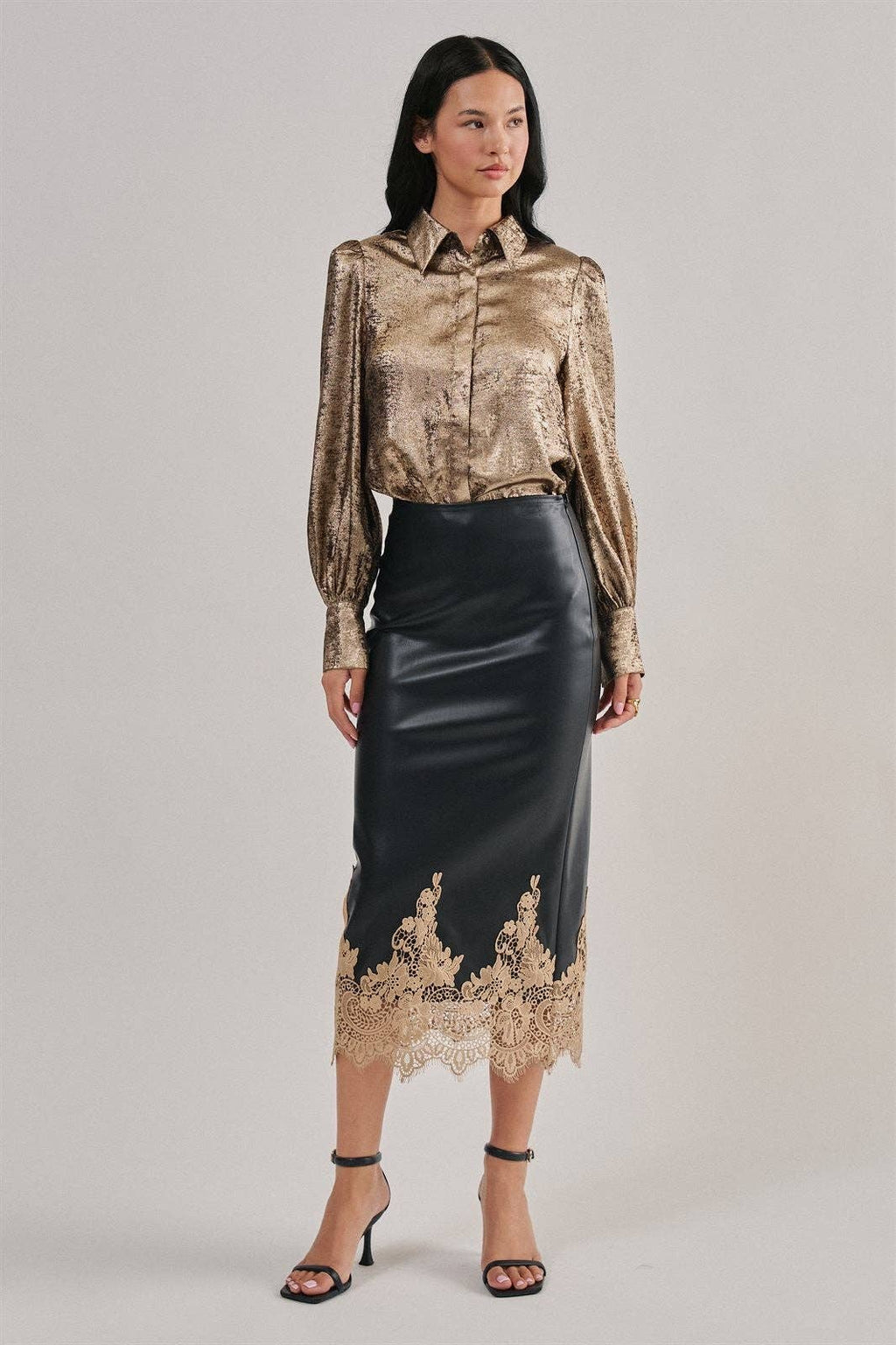 Boho Faux Leather Midi Skirt with Lace Hem (Preorder)