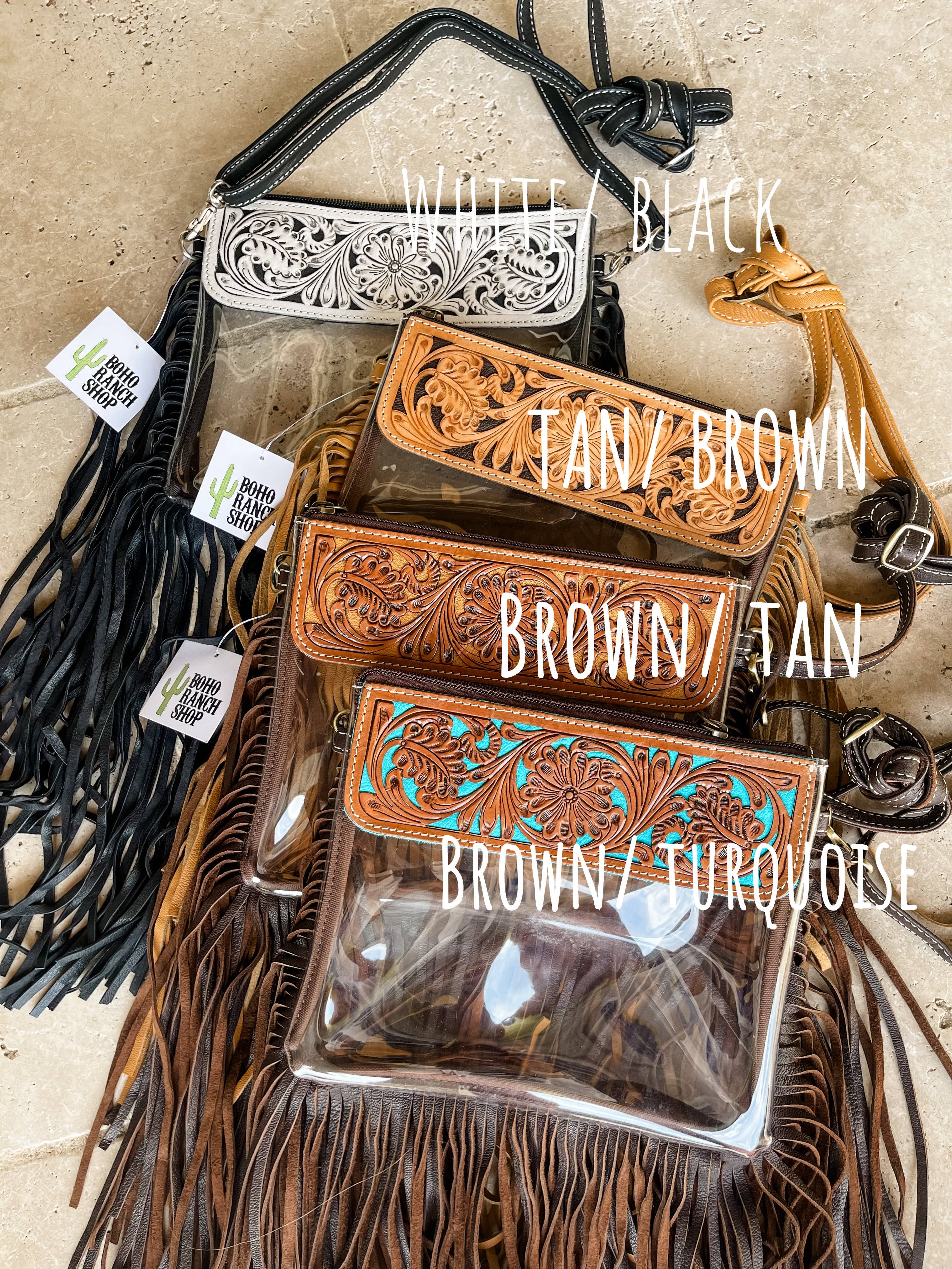 Hand Tooled Clear Purse Crossbody featuring clear vinyl and genuine hair-on cowhide. Available in various colors with fringe.