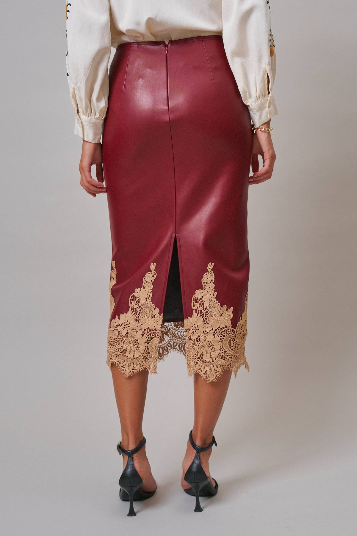Boho Faux Leather Midi Skirt with Lace Hem (Preorder)