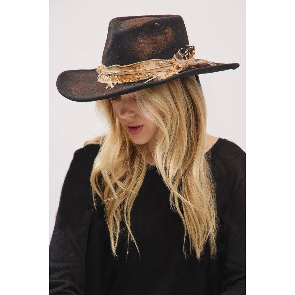 Distressed Cowgirl Fedora Hat with Feather & Fabric Band