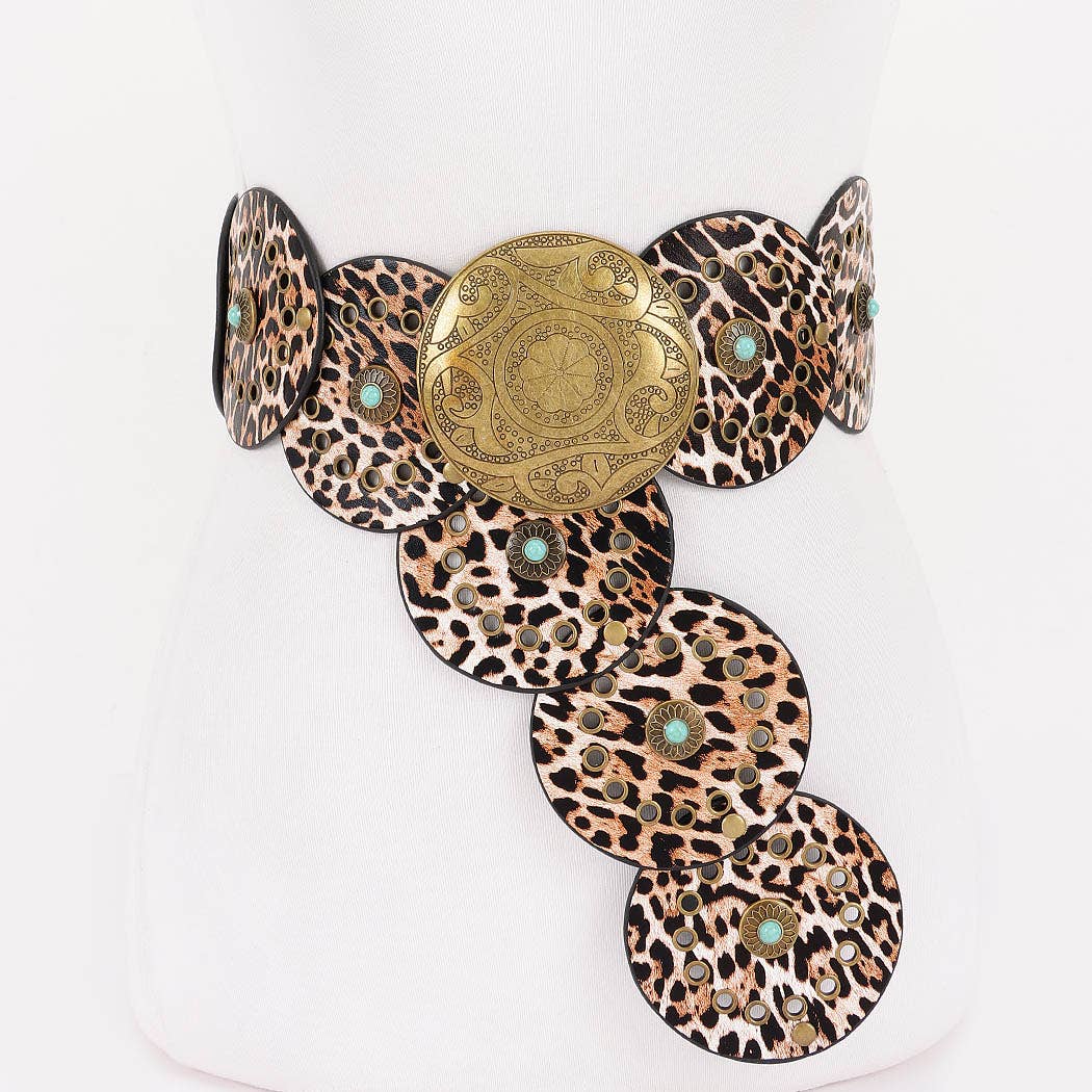 Faux leather disc belt with leopard print circles, decorative metal elements, and turquoise stone accents in a bohemian style