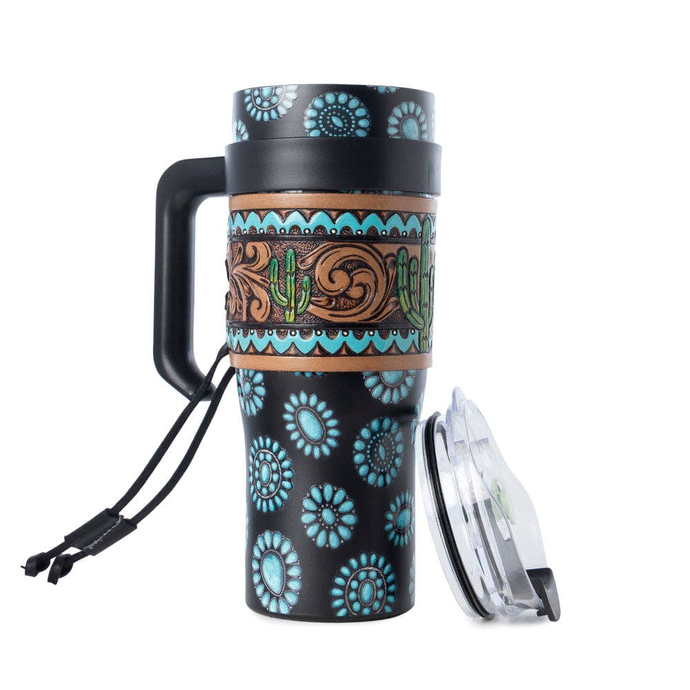 Myra Bags Concho Crest Western Tooled Waterr Bottle in Black Stainless Steel with Leather Wrap and Handle