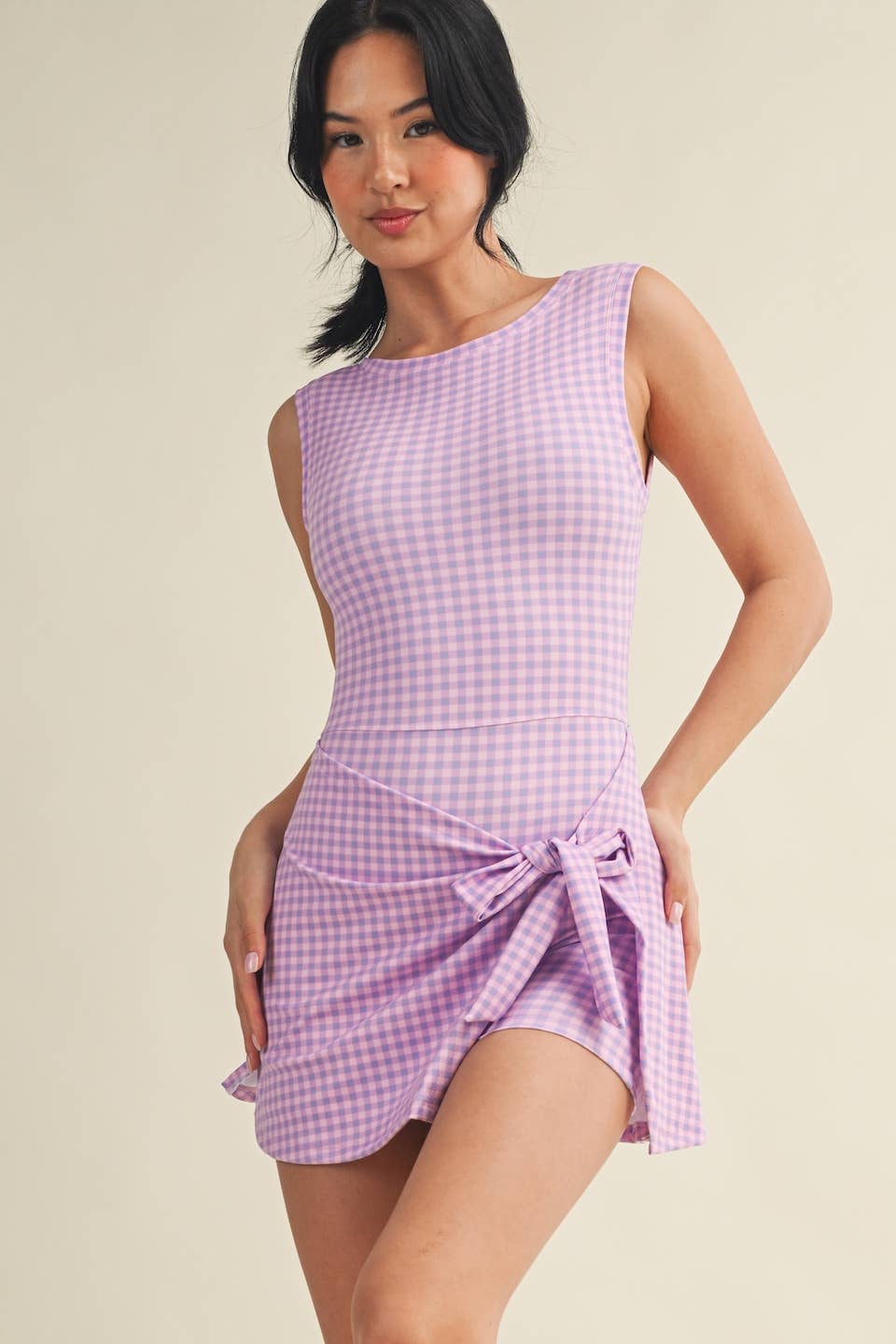 Gingham Print Sleeveless Wrap Tie Front Dress