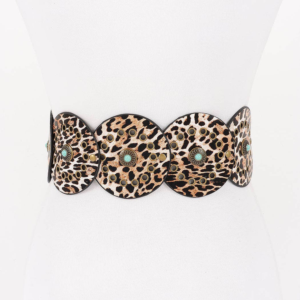 Faux Leather Disc Belt with leopard print circular discs and decorative metal and stone accents