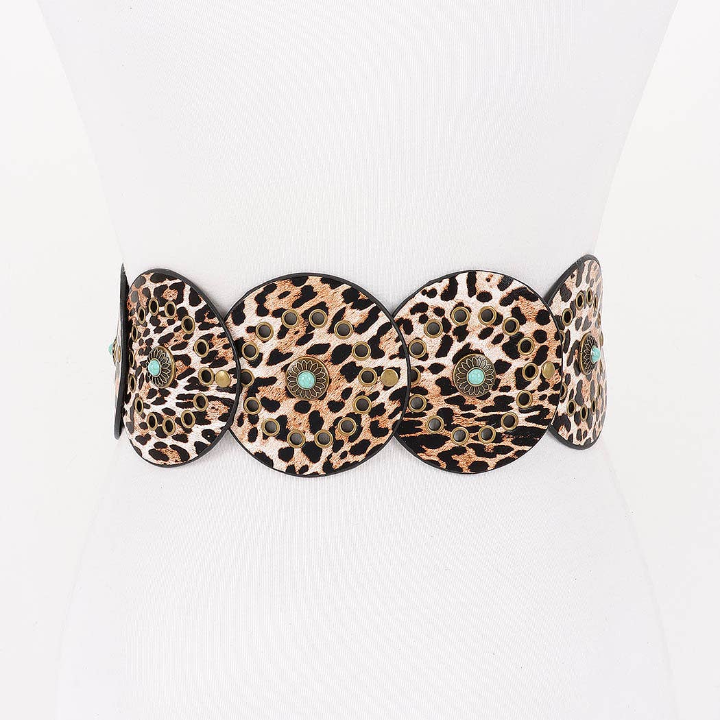 Faux Leather Disc Belt with leopard print circular discs and decorative metal and stone accents