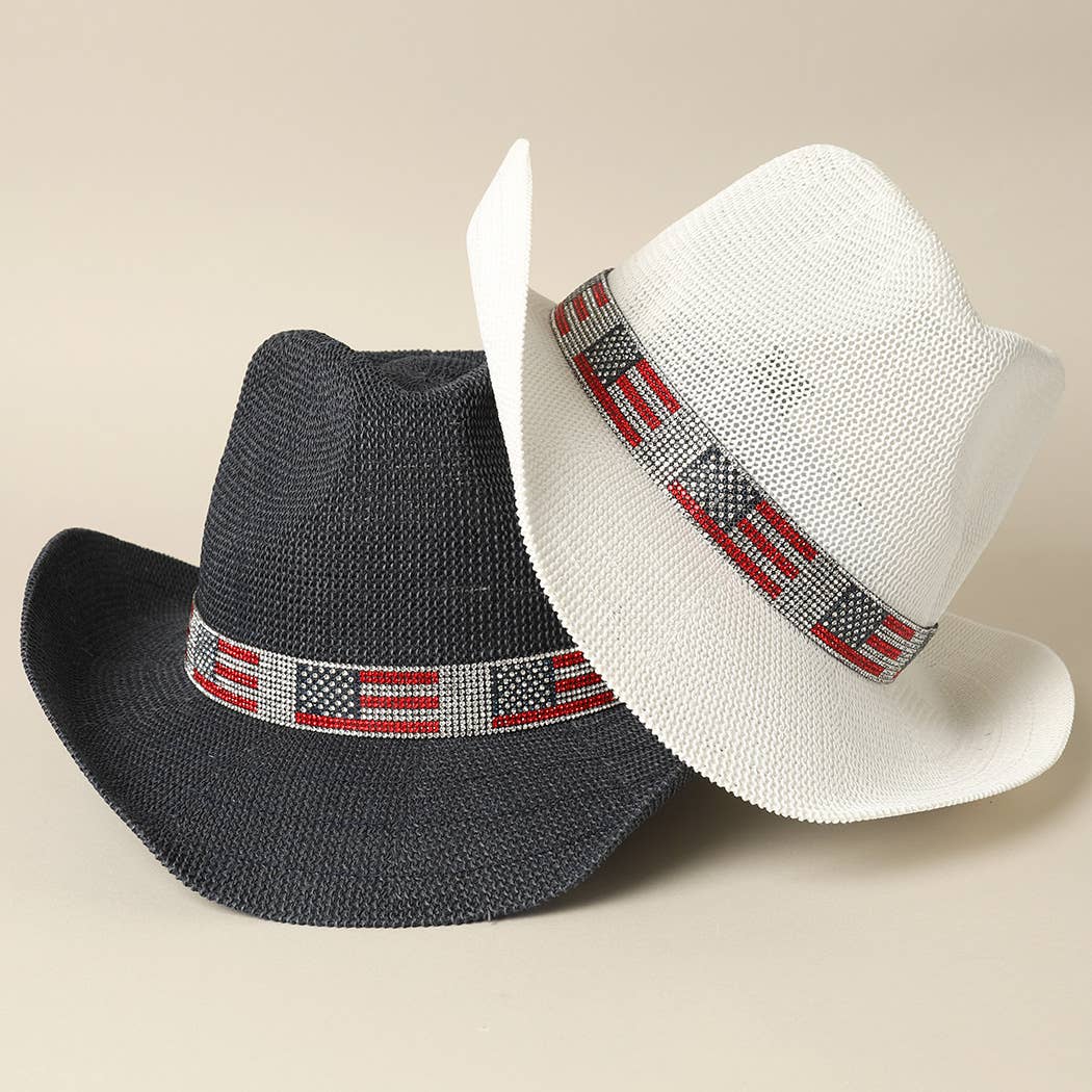 American Flag Rhinestone Band Straw Cowboy Adjustable Hat