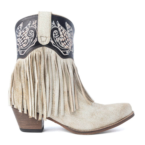 Cream ankle booties with cascading fringe, angel wing embroidery, a snip toe, and a 2-inch western heel.