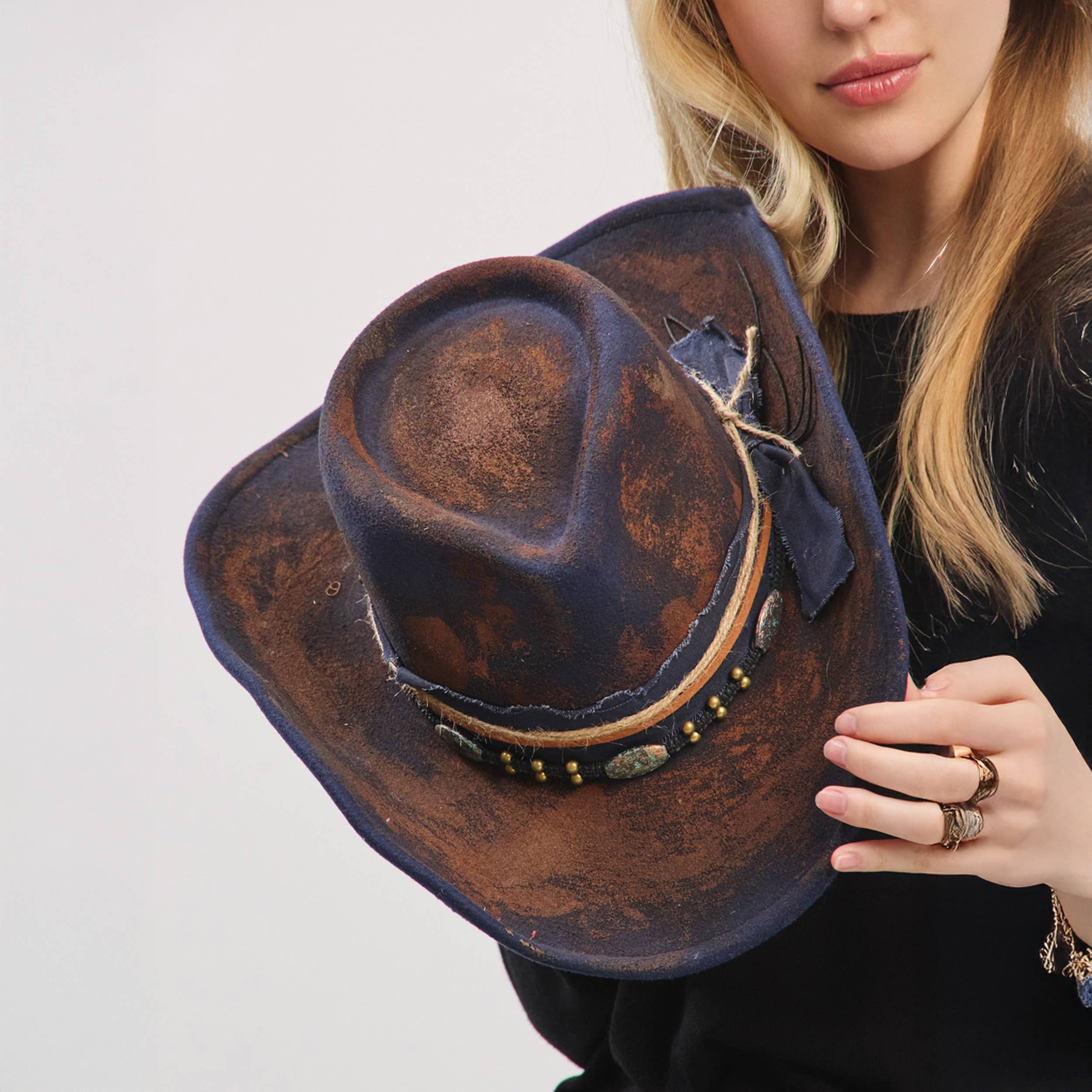 Distressed Fabric Multi Band Cowgirl Fedora Hat
