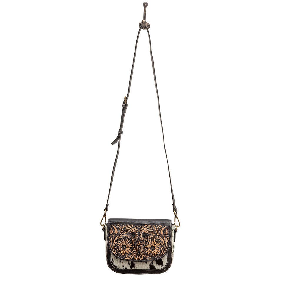 Myra Hand-Tooled Crossbody with Hairon Cowhide