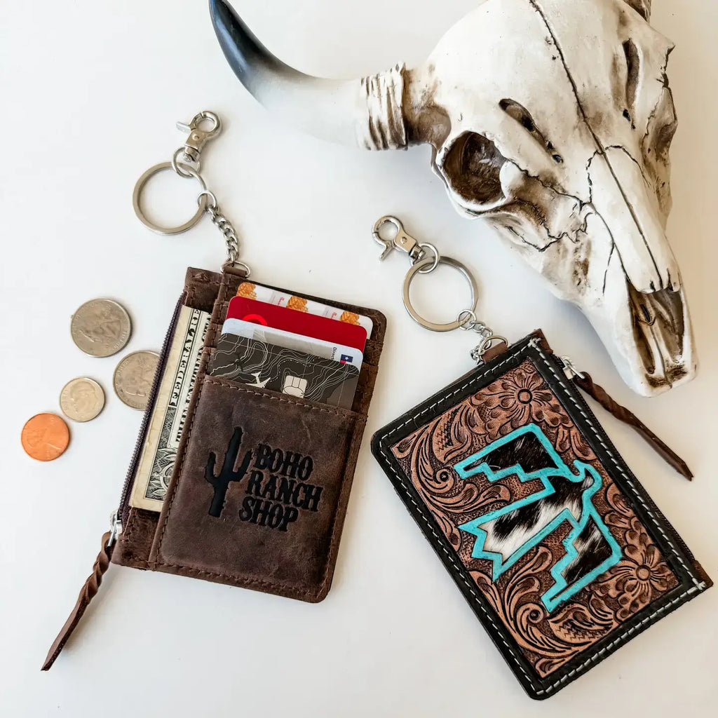 Western Cowhide Leather Keychain Wallet Longhorn Thunderbird