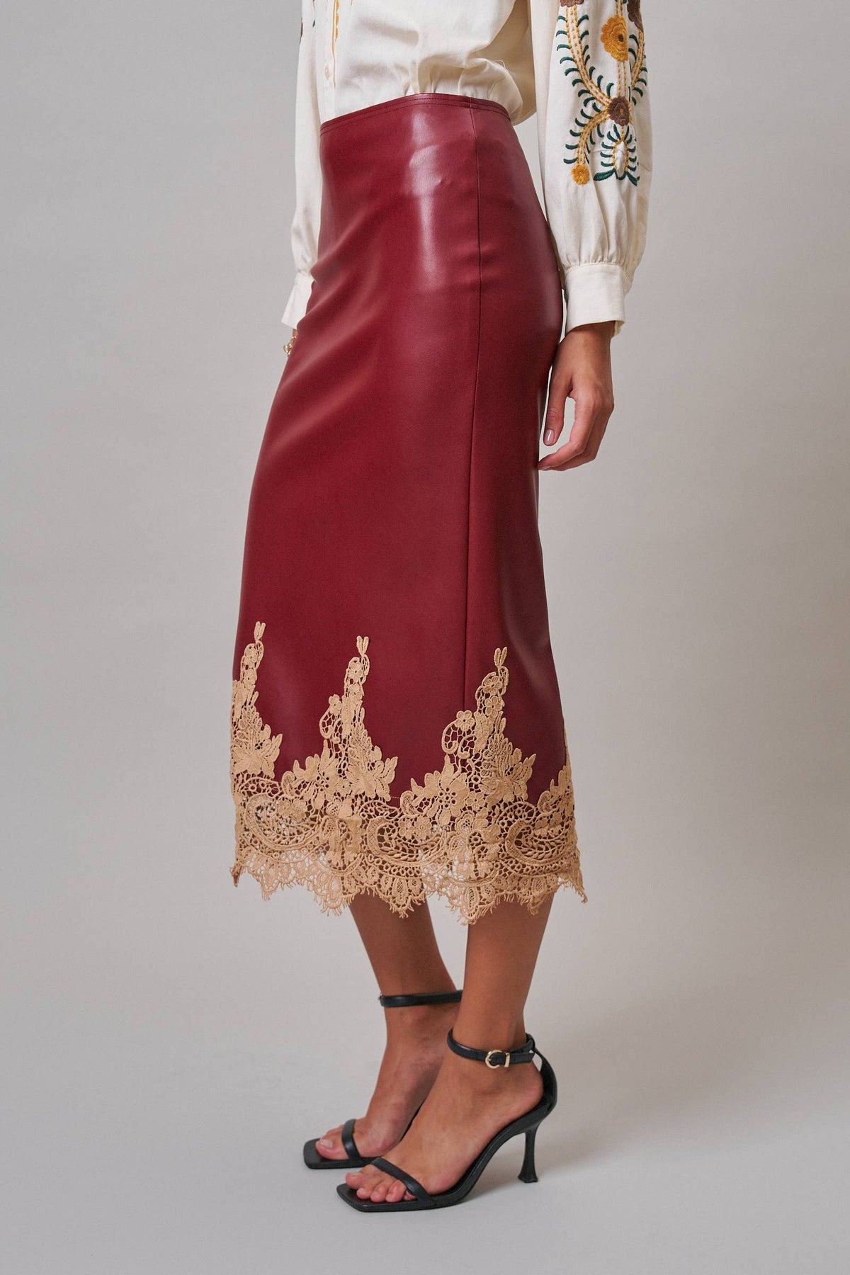 Boho Faux Leather Midi Skirt with Lace Hem (Preorder)