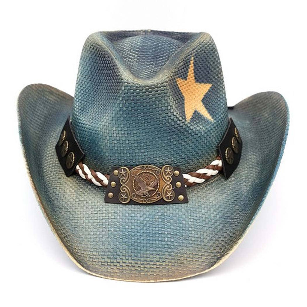 Distressed Cowboy Hat With Brass-Cplored Eagle Buckle, Braid