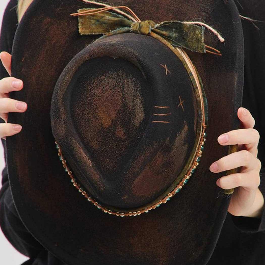 Vintage versatile shapeable cowgirl and fedora hat with distressed fabric band and decorative bow