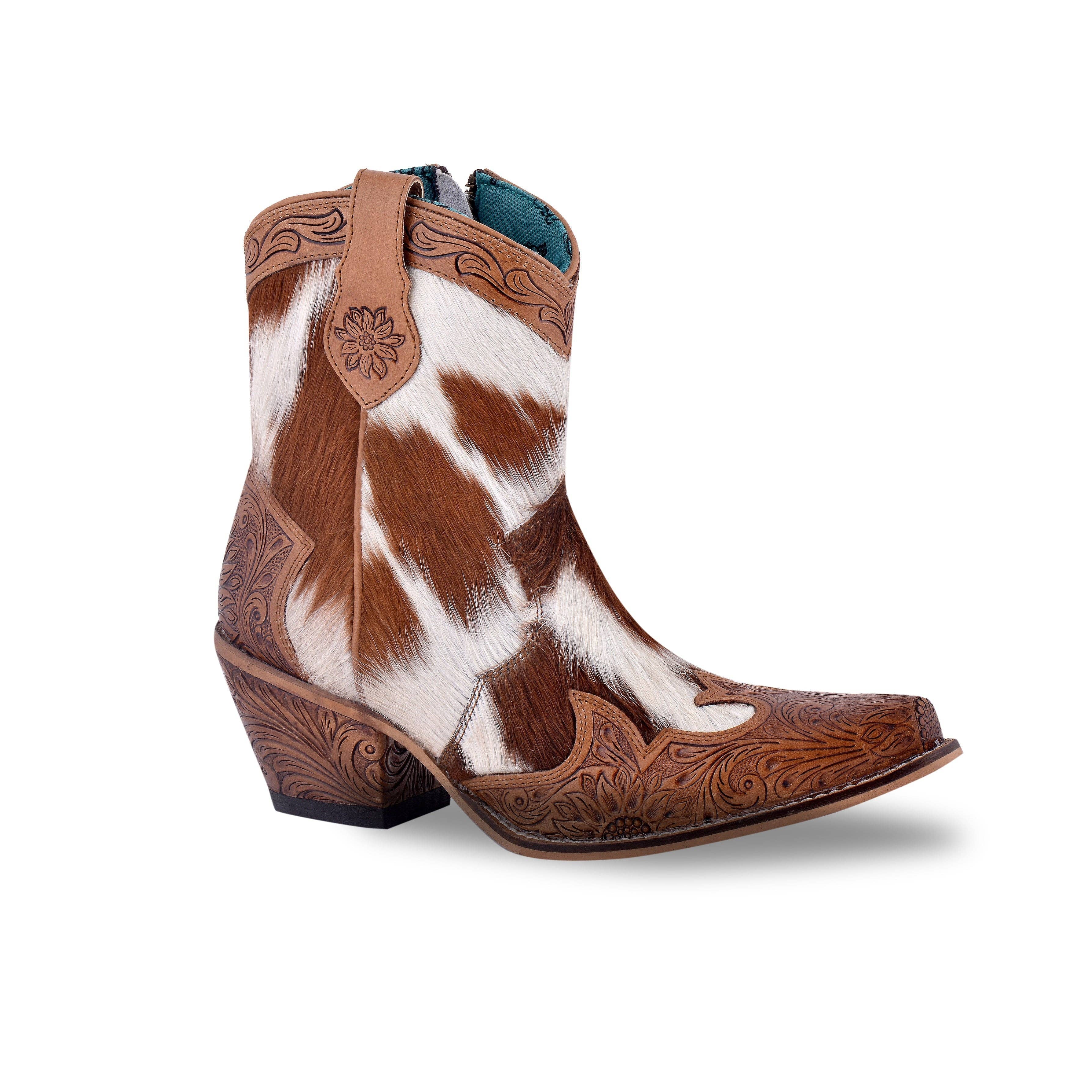 Brown and white hair-on hide and hand-tooled leather boots with snip toe, 7" shaft height, and 2.36" heel.