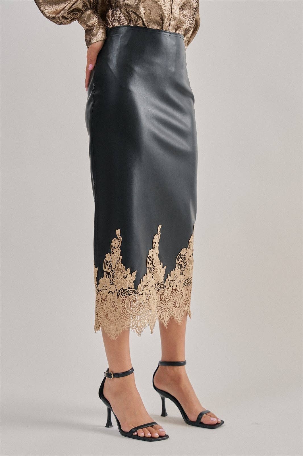 Boho Faux Leather Midi Skirt with Lace Hem (Preorder)