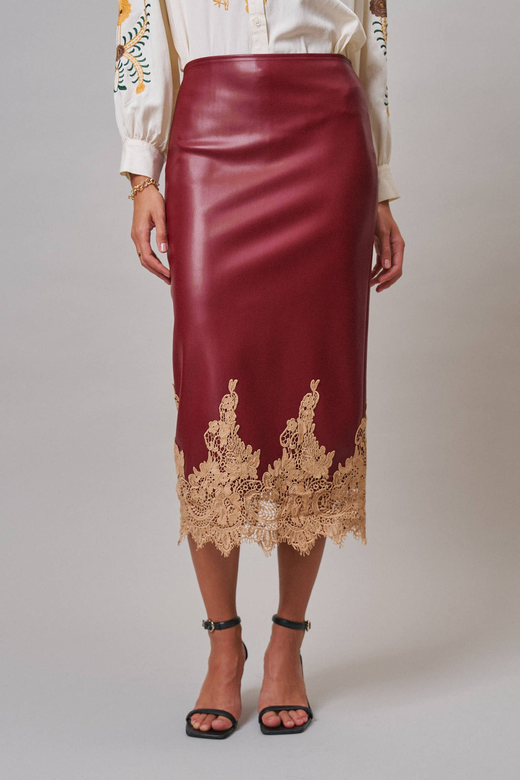 Boho Faux Leather Midi Skirt with Lace Hem (Preorder)