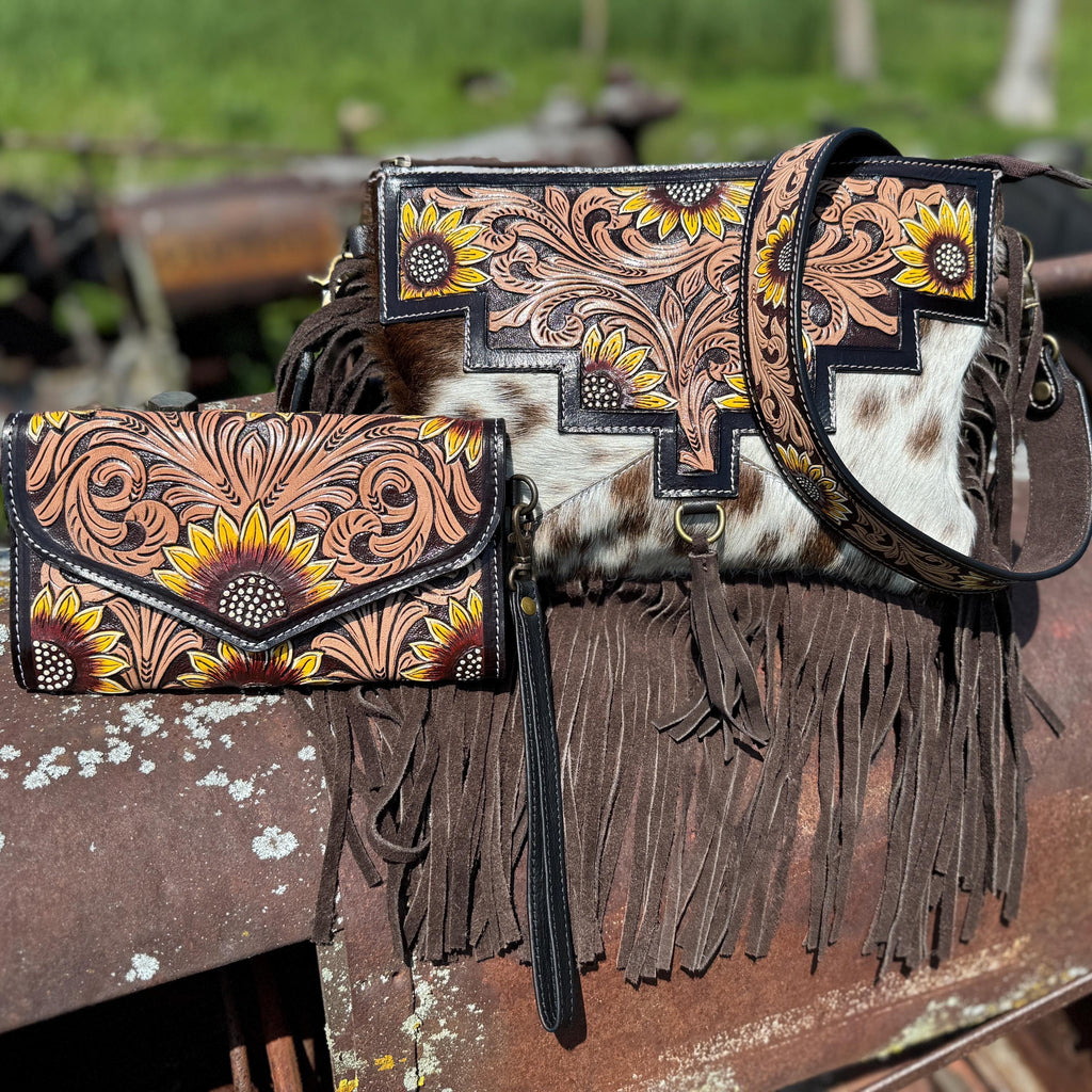Genuine Western Cowhide Leather Purse and Clutch with Dark Sunflower painted details a Double B Wild Rags Exclusive