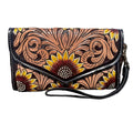 Genuine Western Cowhide Leather Purse and Clutch with Dark Sunflower painted details a Double B Wild Rags Exclusive