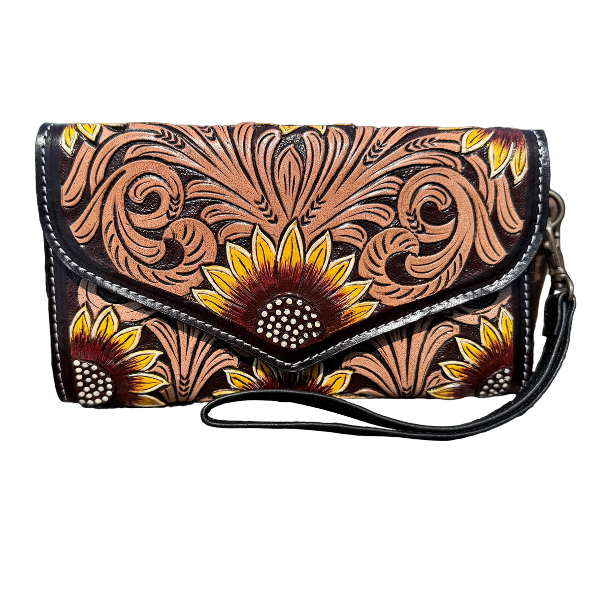 Genuine Western Cowhide Leather Purse and Clutch with Dark Sunflower painted details a Double B Wild Rags Exclusive